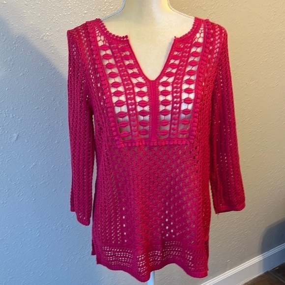 CHICO'S crochet detail jaime‎ pullover in raspberry size S - Picture 2 of 6